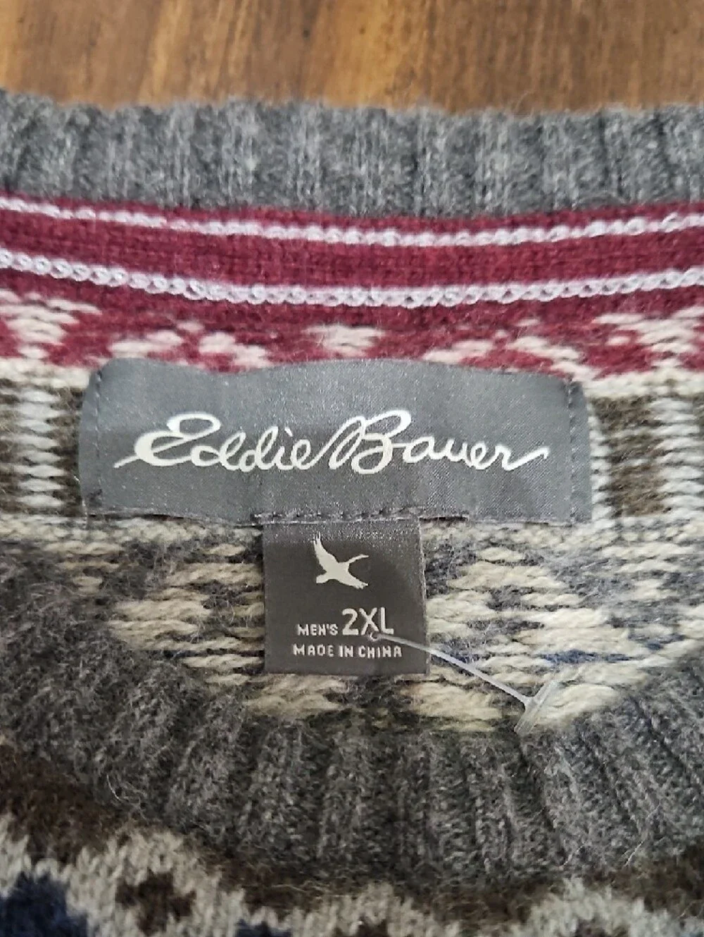 Eddie Bauer Gray Crewneck Sweater with Navy & Burgundy Fair Isle - Picture 6 of 7